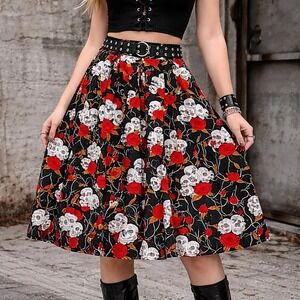 Skull and Rose Skirt Sz L Gothic Rockabilly Retro Flare Whimsigoth Alt Punk Emo